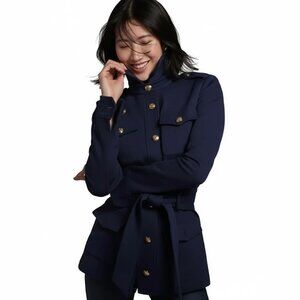 White House Black Market Luxe Stretch Safari Jacket Navy M $189 Like New